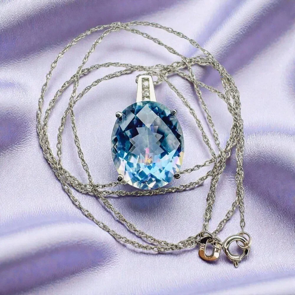 10K White Gold LARGE Mystic Topaz & Diamond Necklace -18